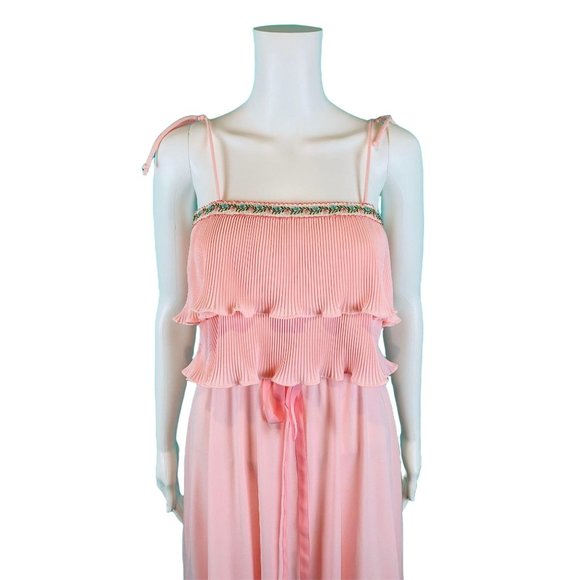 Vintage 70s Maxi Dress Womens S Light Pink Accordion Pleat Flutter Bodice Vicky - Picture 3 of 10